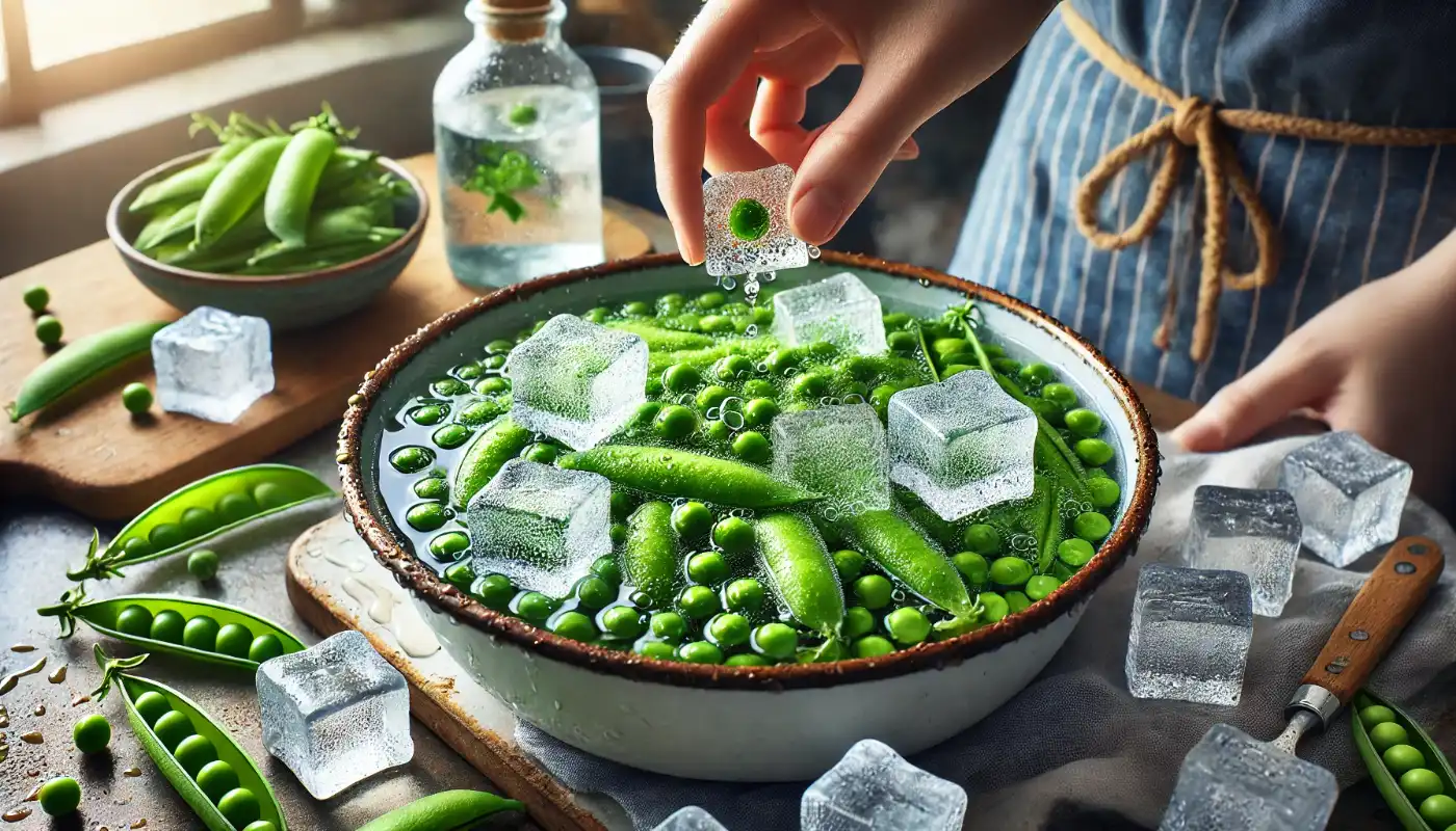 Cooling the peas in ice water